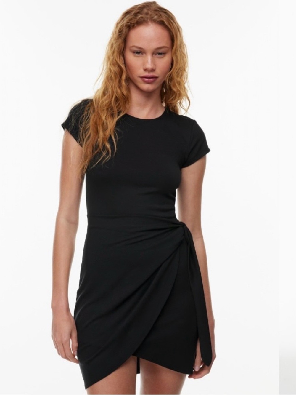 Aritzia Black Short-Sleeve Wrap-Tie Mini Dress